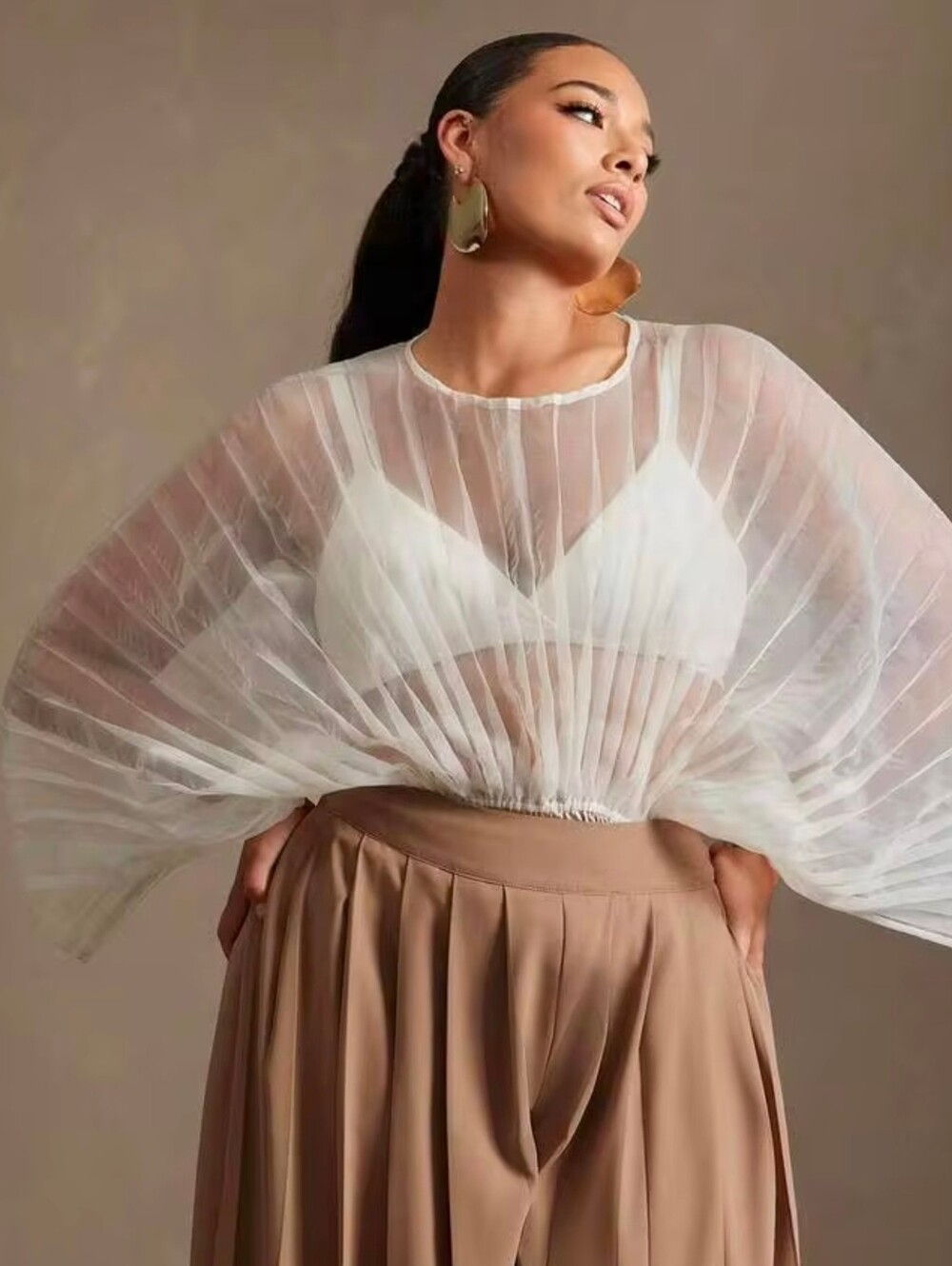 SHEIN White Sheer Pleated Batwing Crop Bodysuit Top